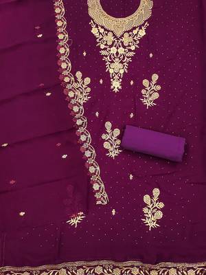 ethnic motifs embroidered zari silk georgette unstitched dress material 3