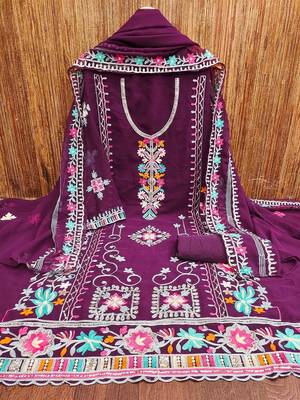 ethnic motifs embroidered silk georgette unstitched dress material 1