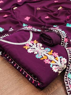 ethnic motifs embroidered silk georgette unstitched dress material 3