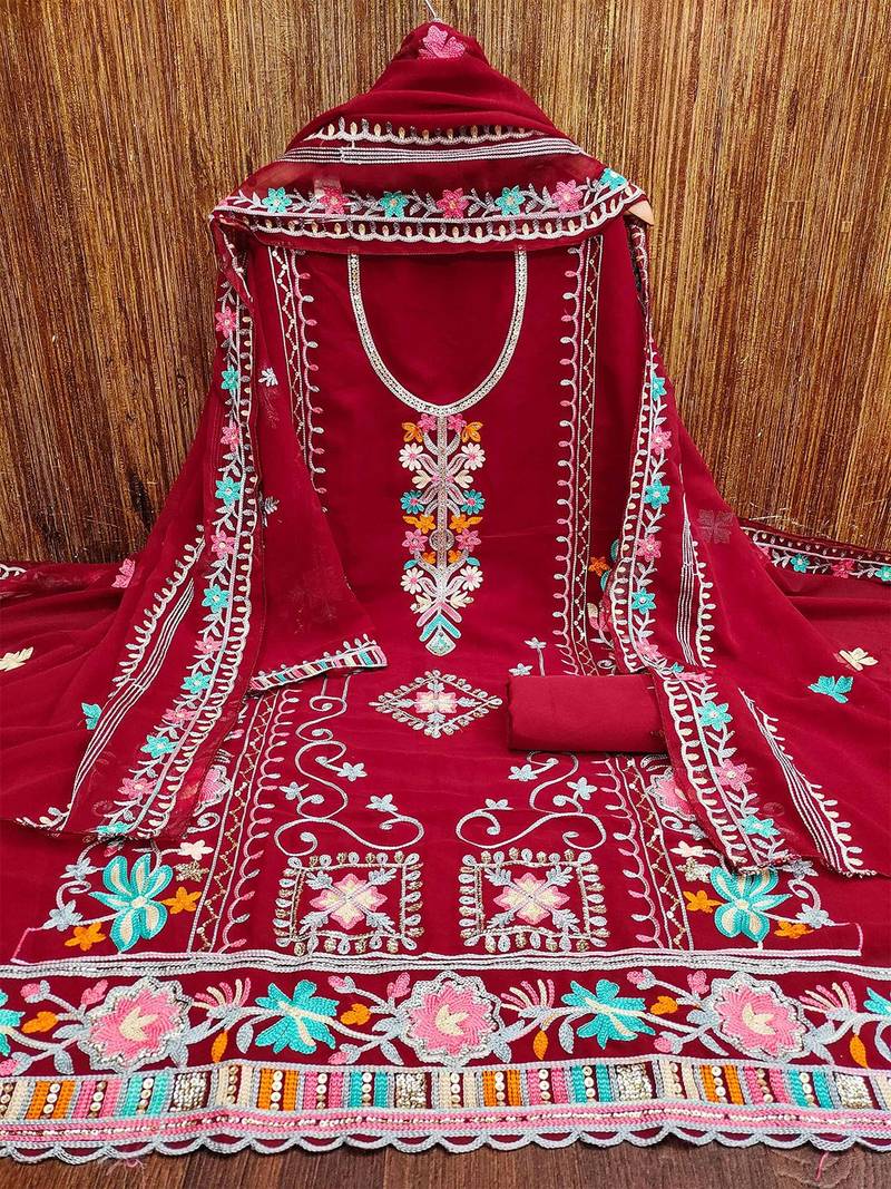 ethnic motifs embroidered silk georgette unstitched dress material