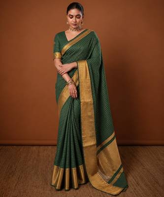 Women's purple & golden zari woven kanjivaram style silk blend saree with blouse piece 1