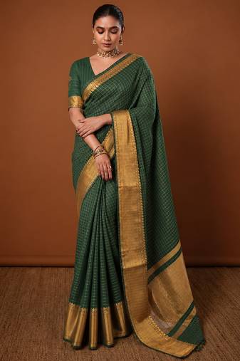 Women's purple & golden zari woven kanjivaram style silk blend saree with blouse piece