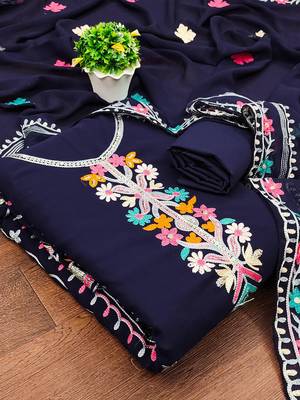 ethnic motifs embroidered silk georgette sequinned unstitched dress material 2