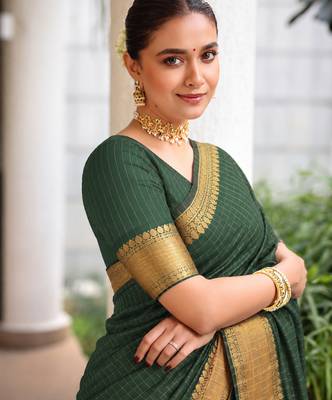 Women's purple & golden zari woven kanjivaram style silk blend saree with blouse piece 2
