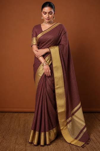 Women's brown & golden zari woven kanjivaram style silk blend saree with blouse piece