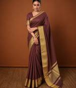 Women's brown & golden zari woven kanjivaram style silk blend saree with blouse piece