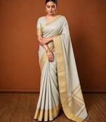 Women's grey & golden zari woven kanjivaram style silk blend saree with blouse piece