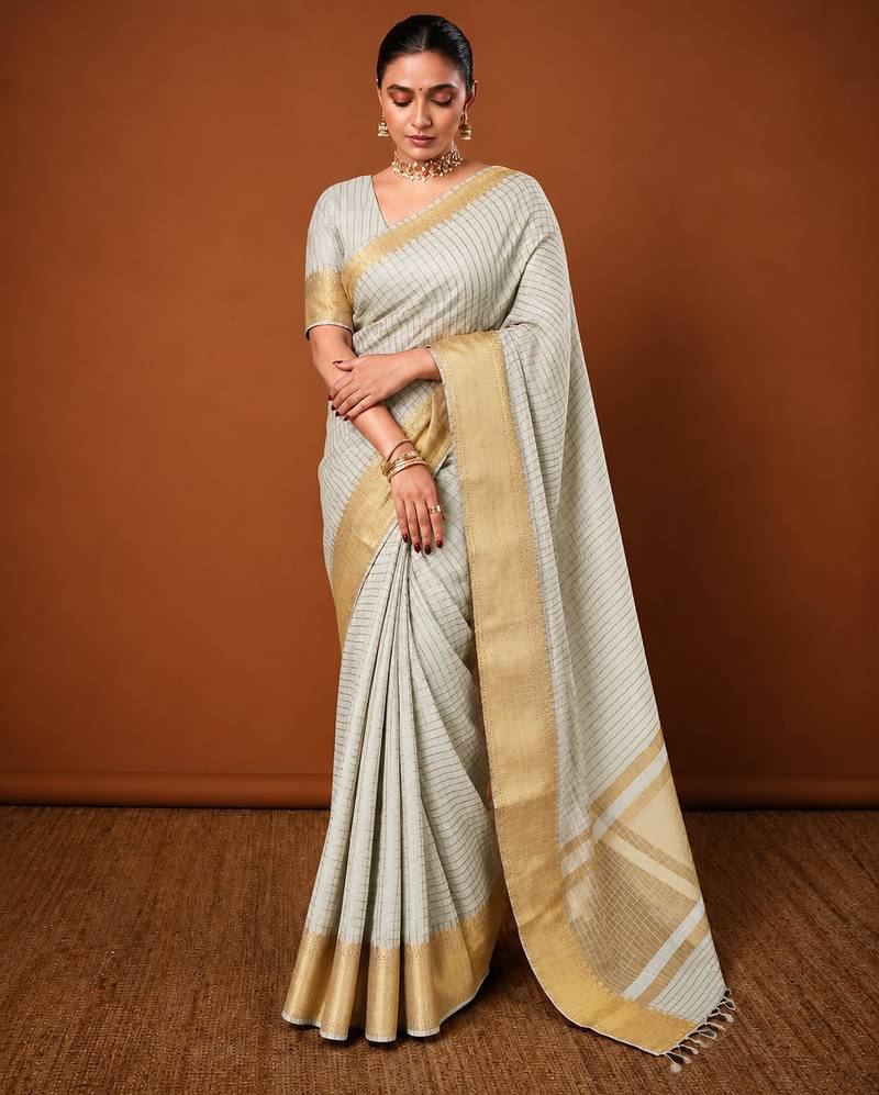 Women's grey & golden zari woven kanjivaram style silk blend saree with blouse piece