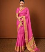 Women's pink & golden zari woven kanjivaram style silk blend saree with blouse piece