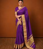 Women's violet & golden zari woven kanjivaram style silk blend saree with blouse piece