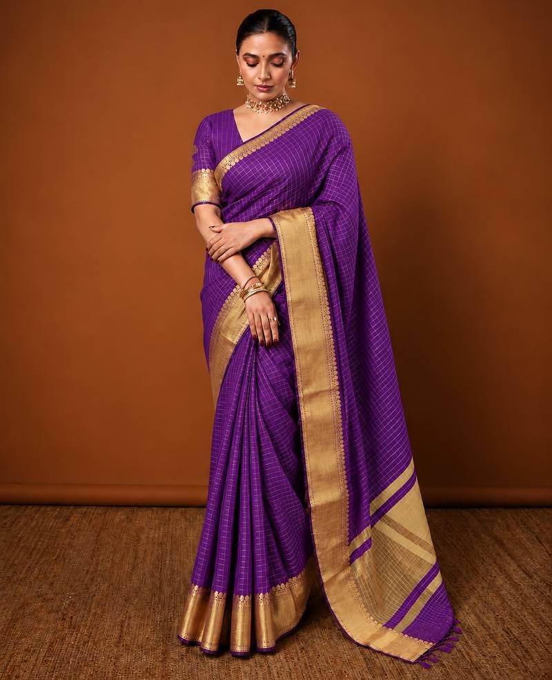 Women's violet & golden zari woven kanjivaram style silk blend saree with blouse piece