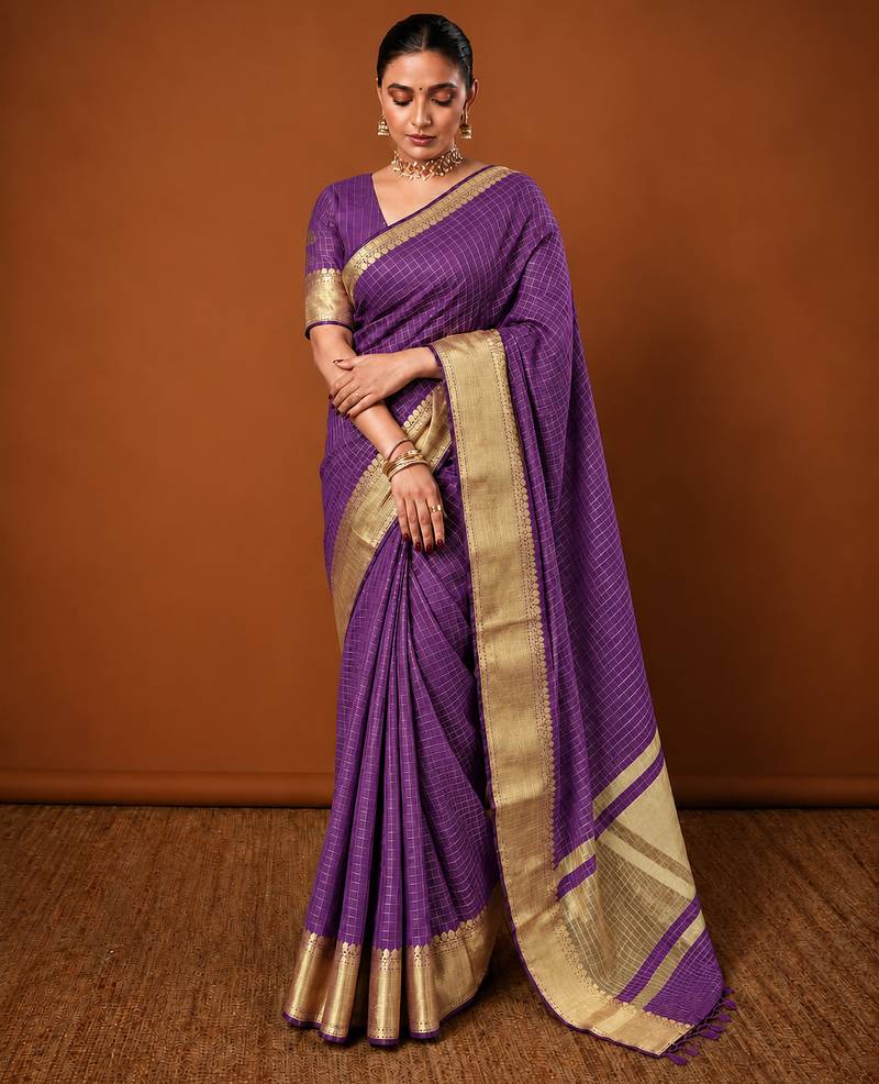 Women's wine & golden zari woven kanjivaram style silk blend saree with blouse piece