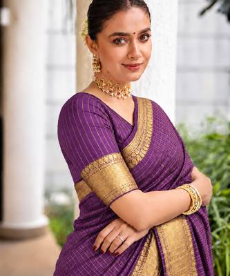 Women's wine & golden zari woven kanjivaram style silk blend saree with blouse piece 2