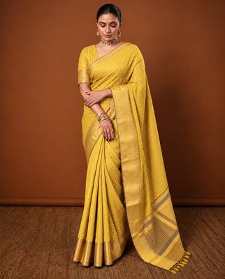 Women's yellow & golden zari woven kanjivaram style silk blend saree with blouse piece 1