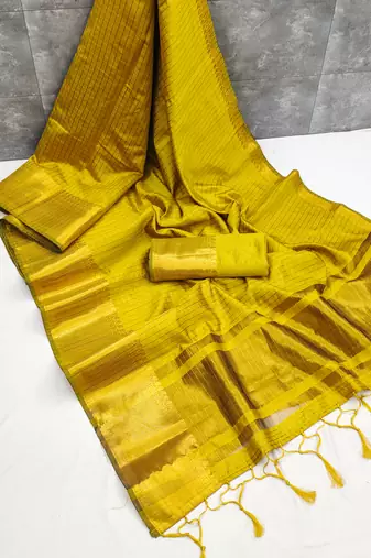 Women's yellow & golden zari woven kanjivaram style silk blend saree with blouse piece