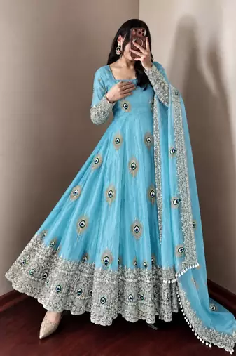 Blue silk blend readymade anarkali suit with embroidery & sequence work