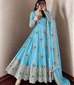 Blue silk blend readymade anarkali suit with embroidery & sequence work