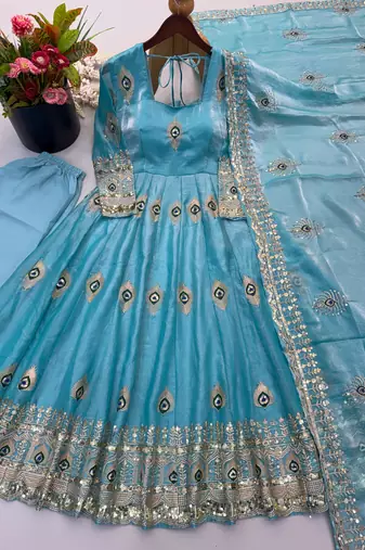 Blue silk blend readymade anarkali suit with embroidery & sequence work