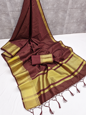 Women's brown & golden zari woven kanjivaram style silk blend saree with blouse piece 3