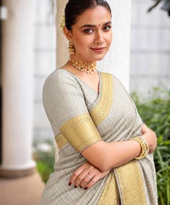 Women's grey & golden zari woven kanjivaram style silk blend saree with blouse piece 1