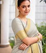 Women's grey & golden zari woven kanjivaram style silk blend saree with blouse piece