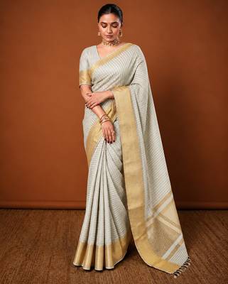 Women's grey & golden zari woven kanjivaram style silk blend saree with blouse piece 2