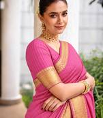 Women's pink & golden zari woven kanjivaram style silk blend saree with blouse piece