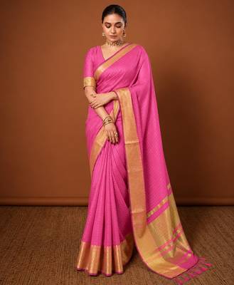 Women's pink & golden zari woven kanjivaram style silk blend saree with blouse piece 2