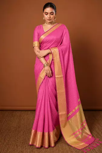 Women's pink & golden zari woven kanjivaram style silk blend saree with blouse piece