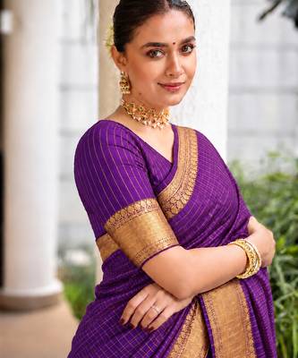 Women's violet & golden zari woven kanjivaram style silk blend saree with blouse piece 1