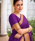 Women's violet & golden zari woven kanjivaram style silk blend saree with blouse piece