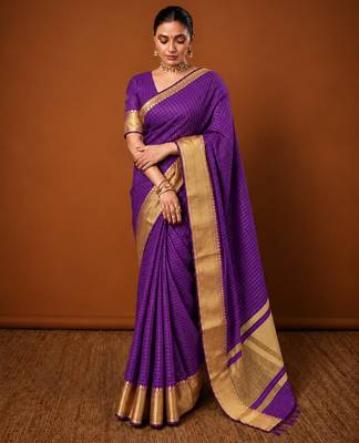 Women's violet & golden zari woven kanjivaram style silk blend saree with blouse piece 2