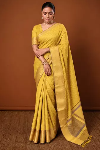 Women's yellow & golden zari woven kanjivaram style silk blend saree with blouse piece