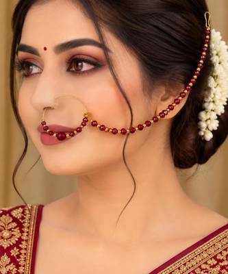 Gold-plated crystal beaded nath – maroon 1