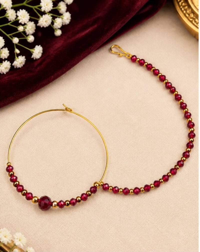 Gold-plated crystal beaded nath – maroon
