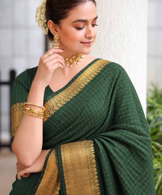 Women's purple & golden zari woven kanjivaram style silk blend saree with blouse piece 1