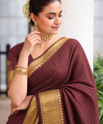 Women's brown & golden zari woven kanjivaram style silk blend saree with blouse piece 1