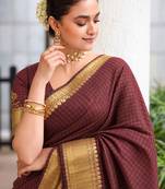 Women's brown & golden zari woven kanjivaram style silk blend saree with blouse piece