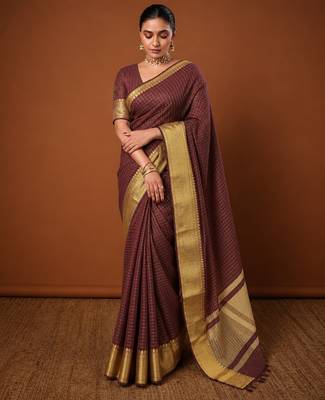 Women's brown & golden zari woven kanjivaram style silk blend saree with blouse piece 2