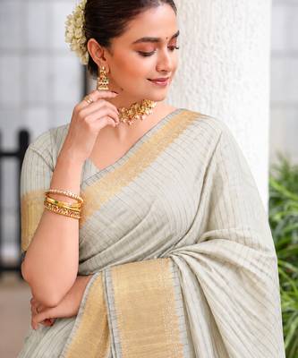 Women's grey & golden zari woven kanjivaram style silk blend saree with blouse piece 1
