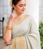 Women's grey & golden zari woven kanjivaram style silk blend saree with blouse piece