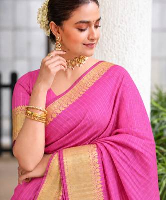 Women's pink & golden zari woven kanjivaram style silk blend saree with blouse piece 1