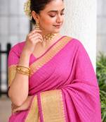 Women's pink & golden zari woven kanjivaram style silk blend saree with blouse piece