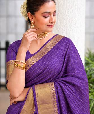 Women's violet & golden zari woven kanjivaram style silk blend saree with blouse piece 1