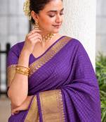 Women's violet & golden zari woven kanjivaram style silk blend saree with blouse piece