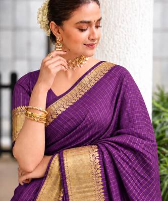 Women's wine & golden zari woven kanjivaram style silk blend saree with blouse piece 1