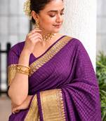 Women's wine & golden zari woven kanjivaram style silk blend saree with blouse piece
