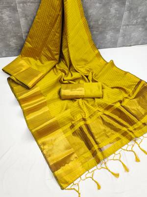 Women's yellow & golden zari woven kanjivaram style silk blend saree with blouse piece 3