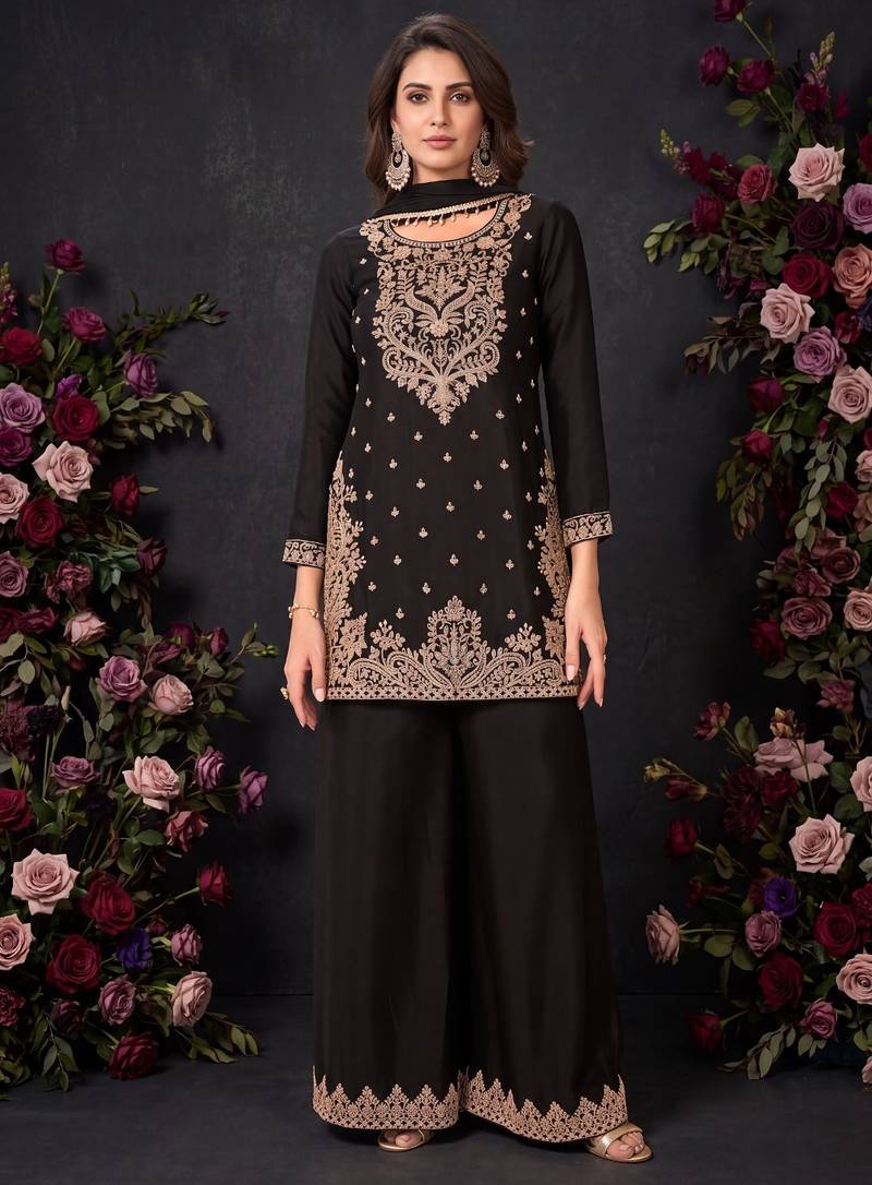 Black Premium Chinon  With Beads Work Salwar Suit Stitched