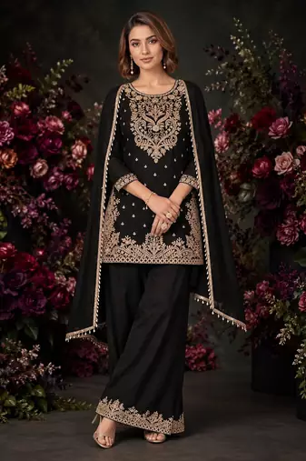 Black Premium Chinon  With Beads Work Salwar Suit Stitched